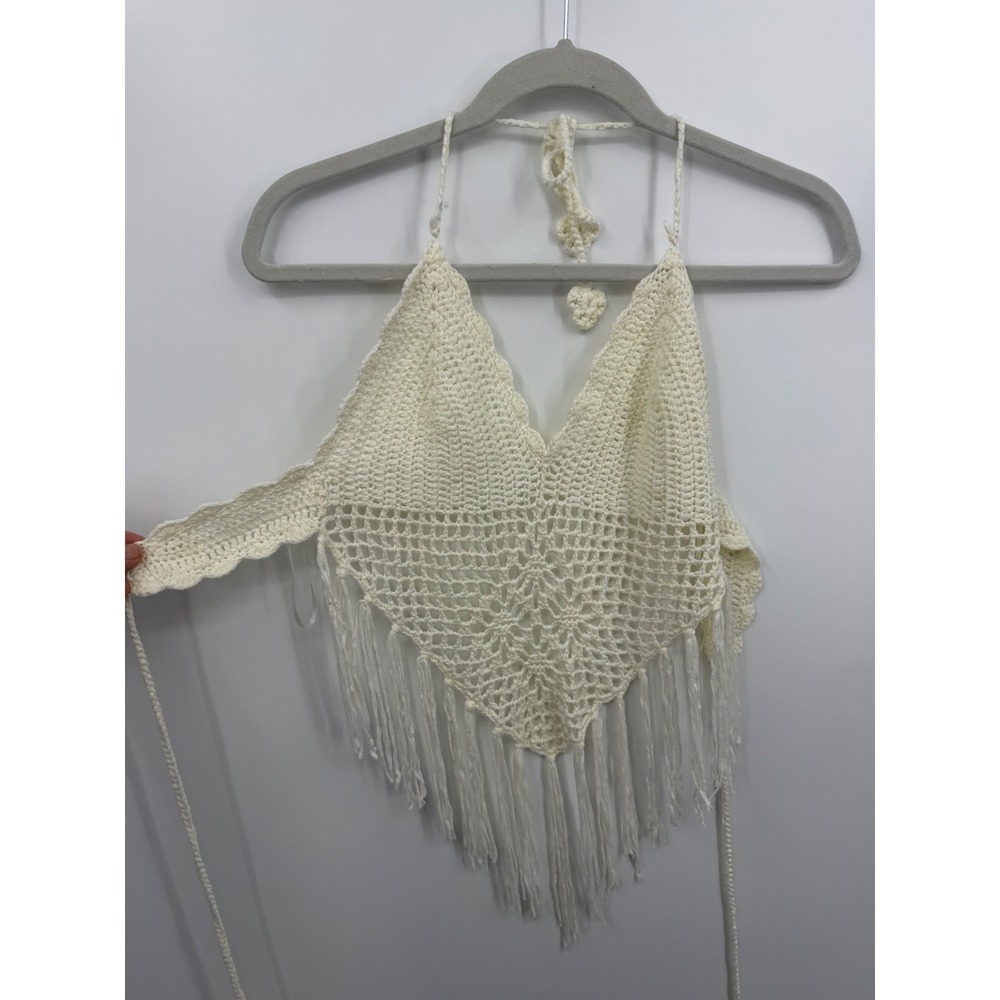 Dreamers by Debut Crochet Halter Top Womens M/L Cream White Fringe Boho STA414-R